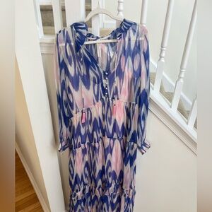 Anthropologie Marais Printed Chiffon Maxi Dress in blue and pink